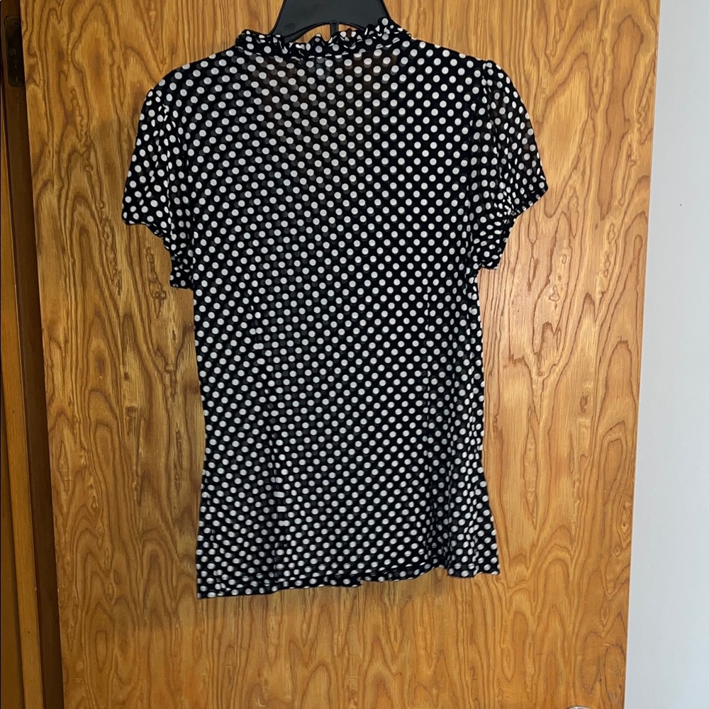 INC International Concepts Black and White Polka Dot Ruffle V-Neck Blouse - Picture 4 of 5